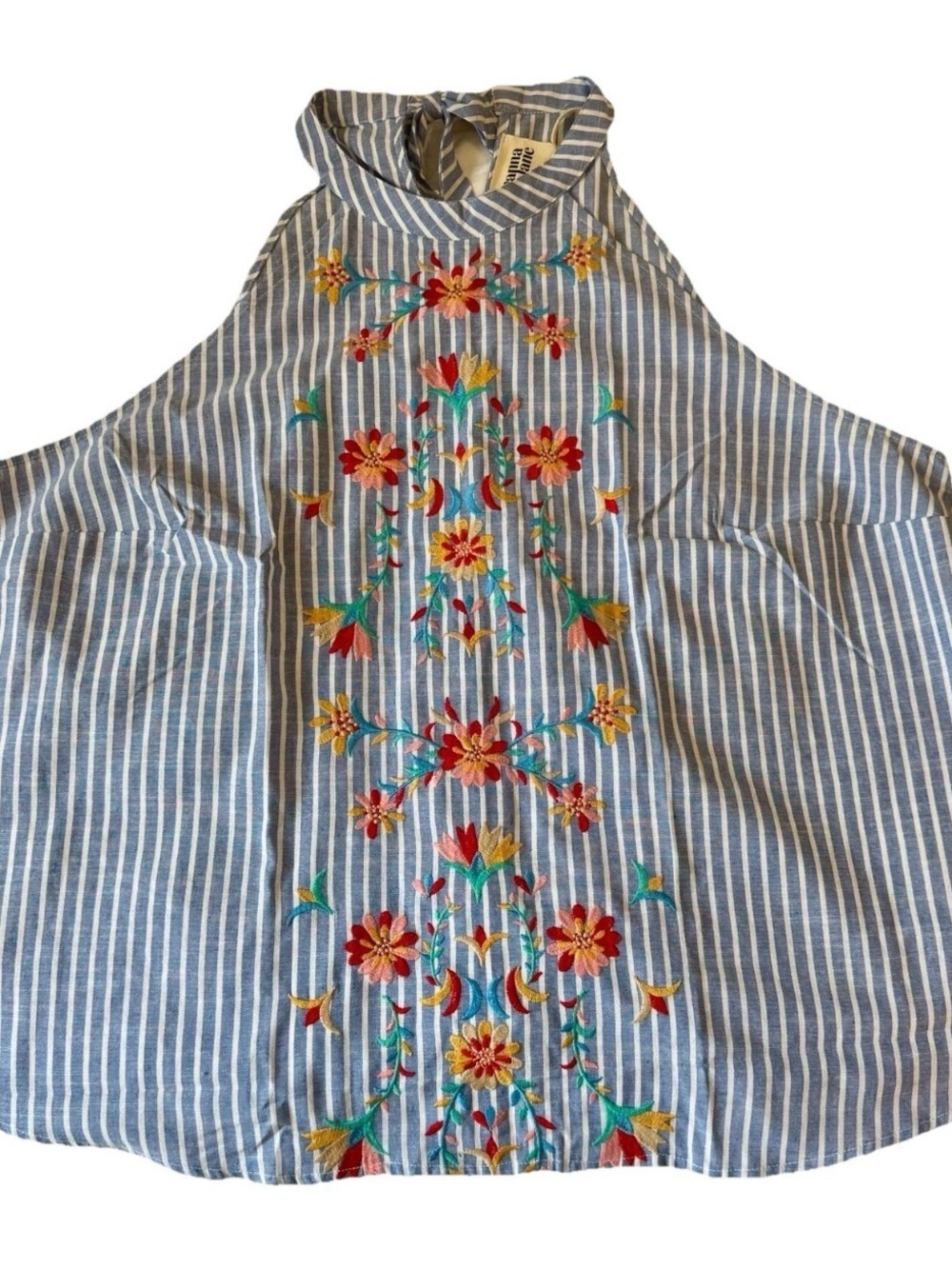Savanna Jane Blue White Striped Tank Top Floral Embroidered Tie Back 3X Boho